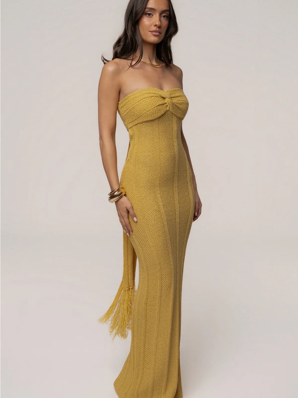 JLUXLABEL Strapless Twist-Front Maxi Dress in Mustard